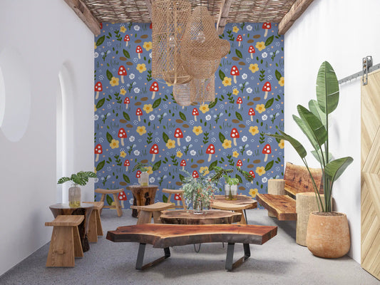 Whimsical Forest Mushroom & Wildflower Wallpaper