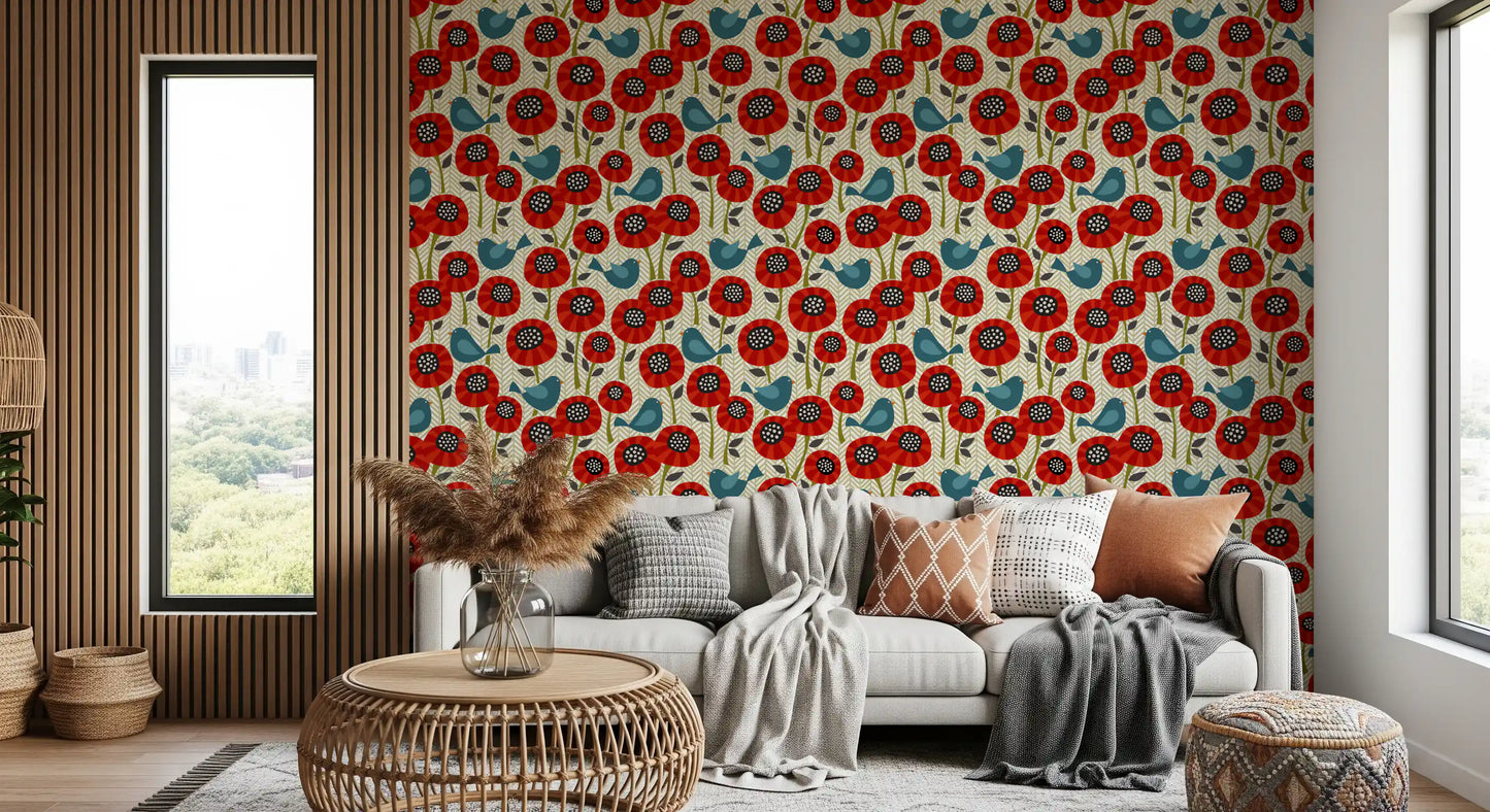 Poppies And Birds On Chevron Wallpaper⁠