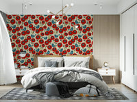 Poppies And Birds On Chevron Wallpaper⁠