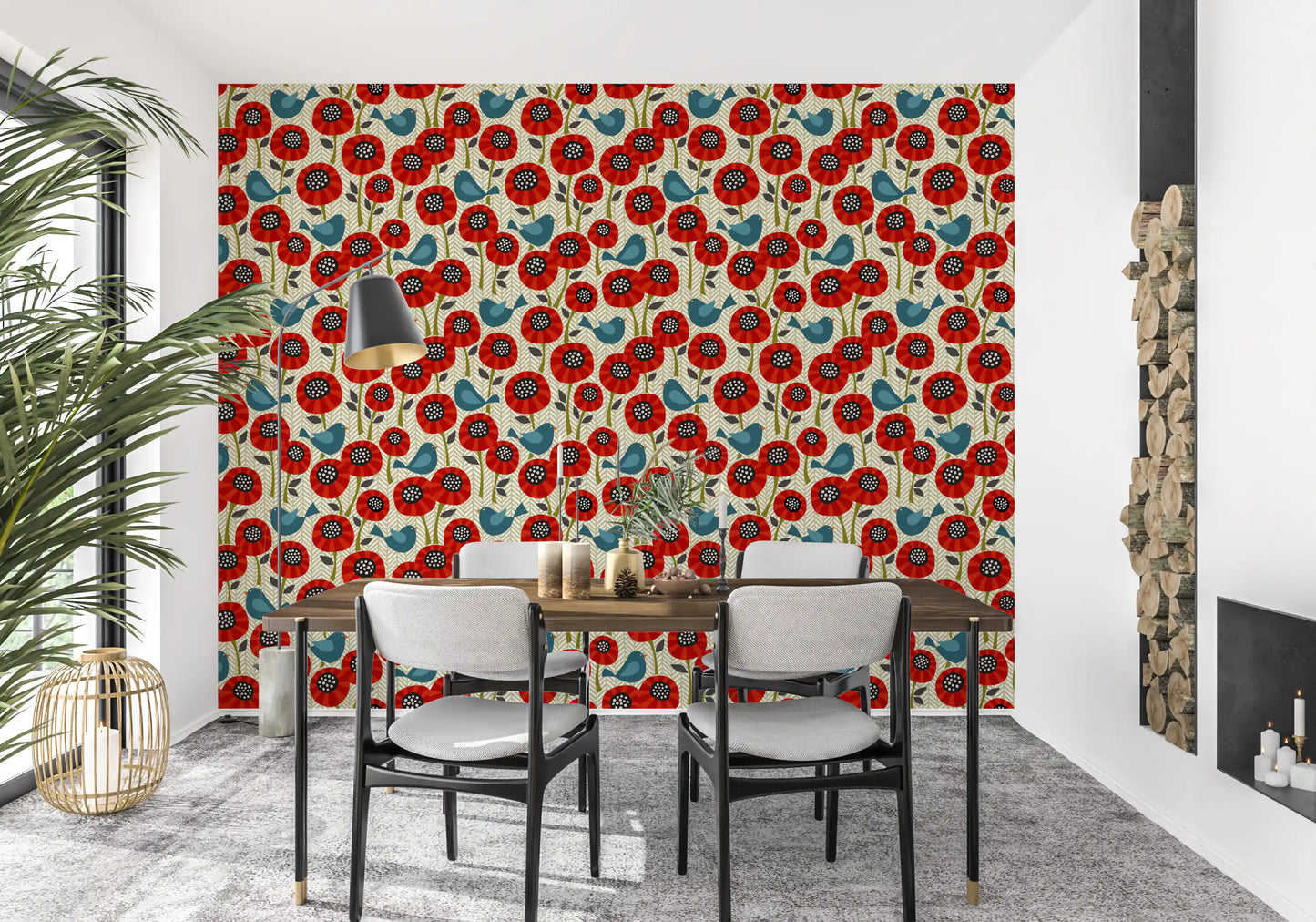 Poppies And Birds On Chevron Wallpaper⁠