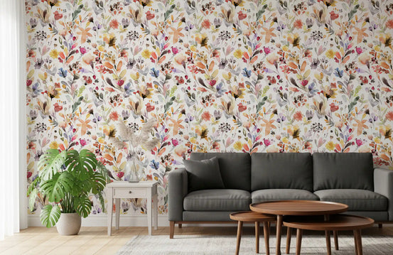 Painted spread quietly through the living room across this watercolor wallpaper.