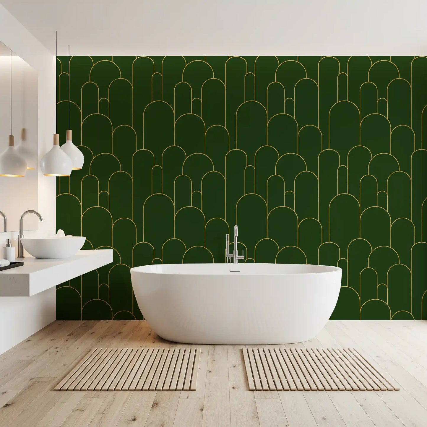 Emerald and Gold Art Deco Arches Wallpaper⁠