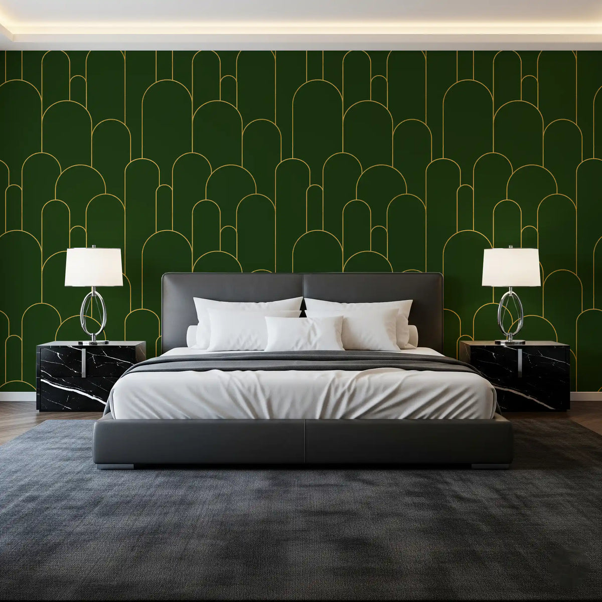 Bedroom Emerald and Gold Art Deco Arches Wallpaper feature wall