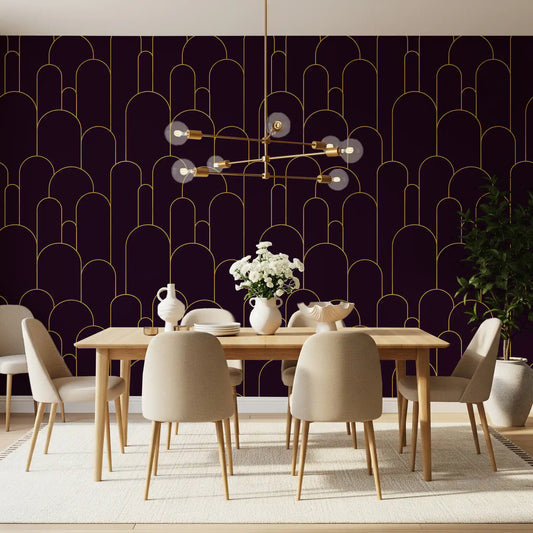 Retro Glamour Plum Noir Arches wallpaper for a dining room with flowing arch wallpaper pattern design