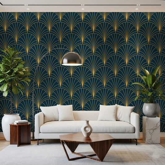 Office area Teal based ornamental wall design with structured metallic geometry pattern