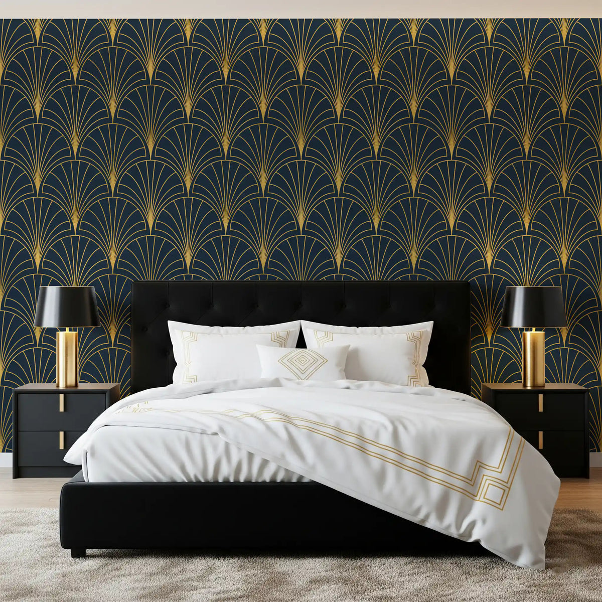 Bedroom Regal Gatsby midnight blue wallpaper with gold Art Deco geometric luxury pattern