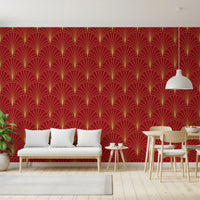 Crimson & Gold Art Deco Fans Wallpaper⁠