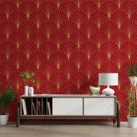 Crimson & Gold Art Deco Fans Wallpaper⁠