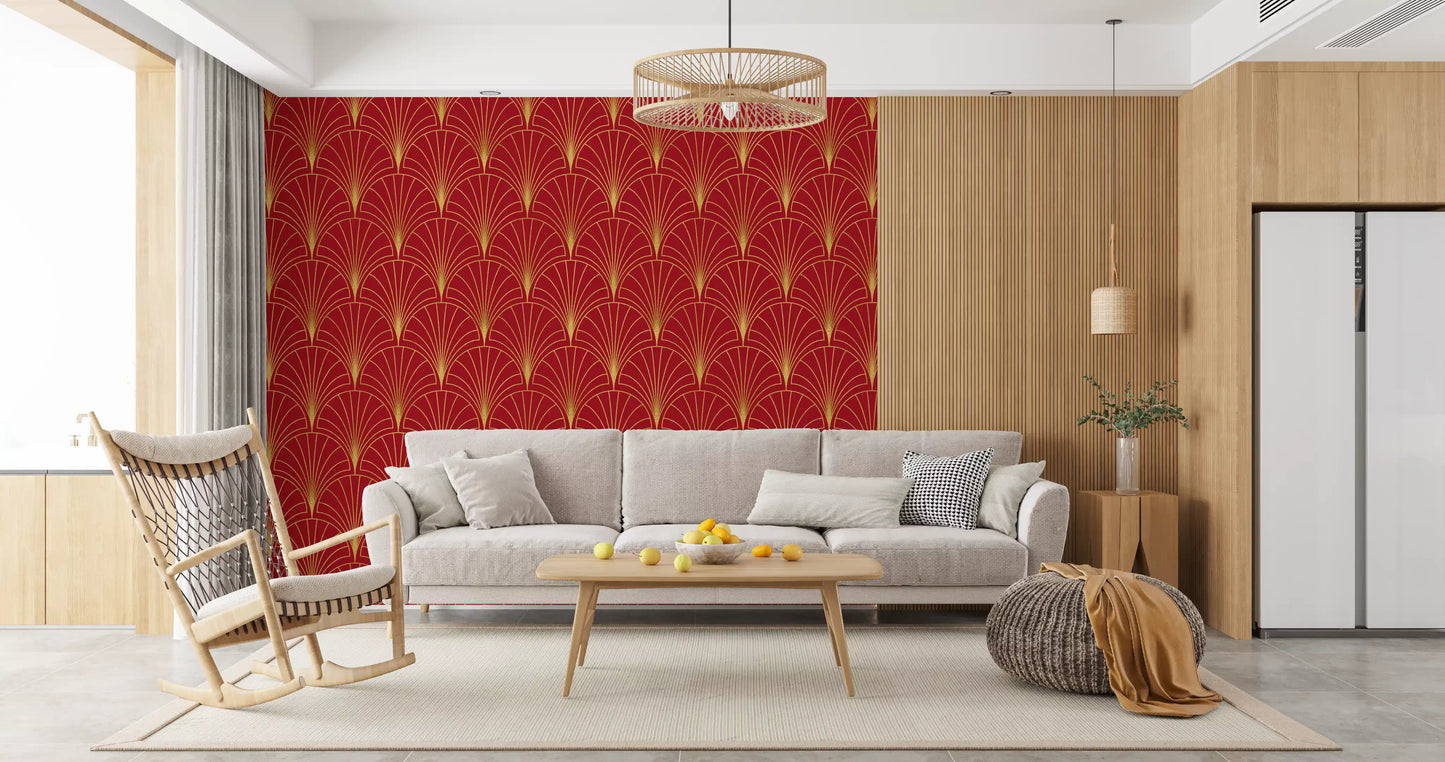 Crimson & Gold Art Deco Fans Wallpaper⁠