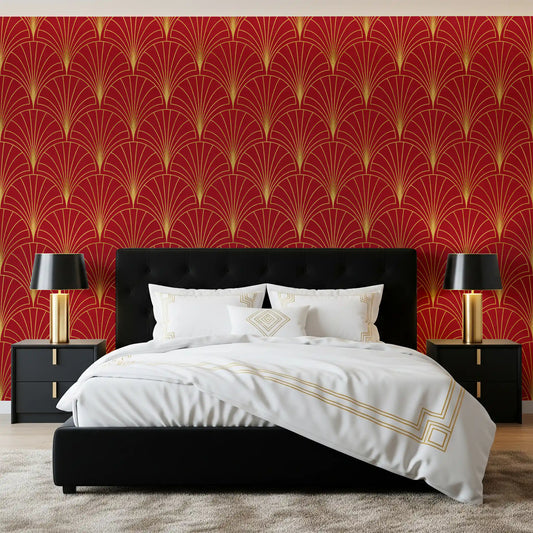 Bedroom Crimson and gold Art Deco fan wallpaper with bold geometric luxury pattern design