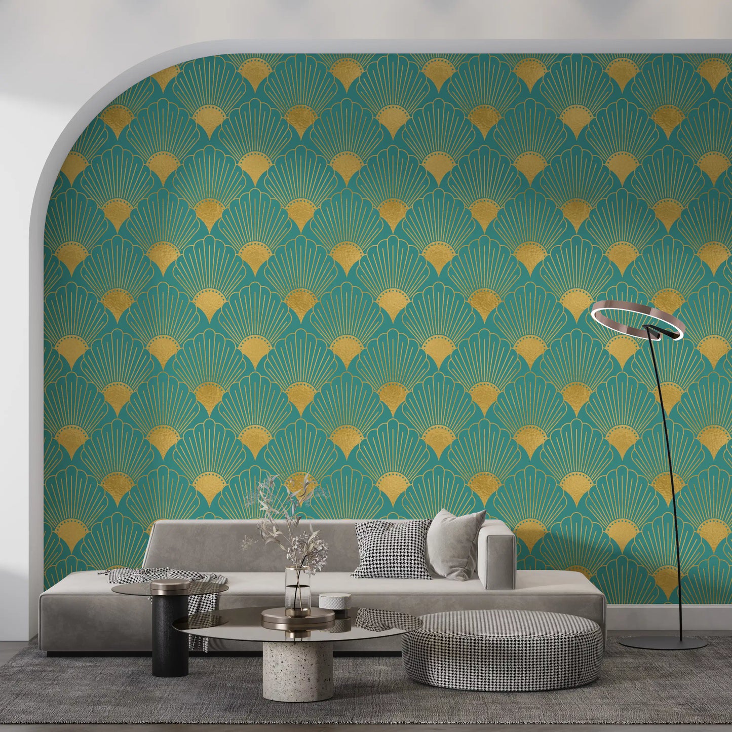 Glamorous Teal and Gold Fan Wall Décor Wallpaper⁠