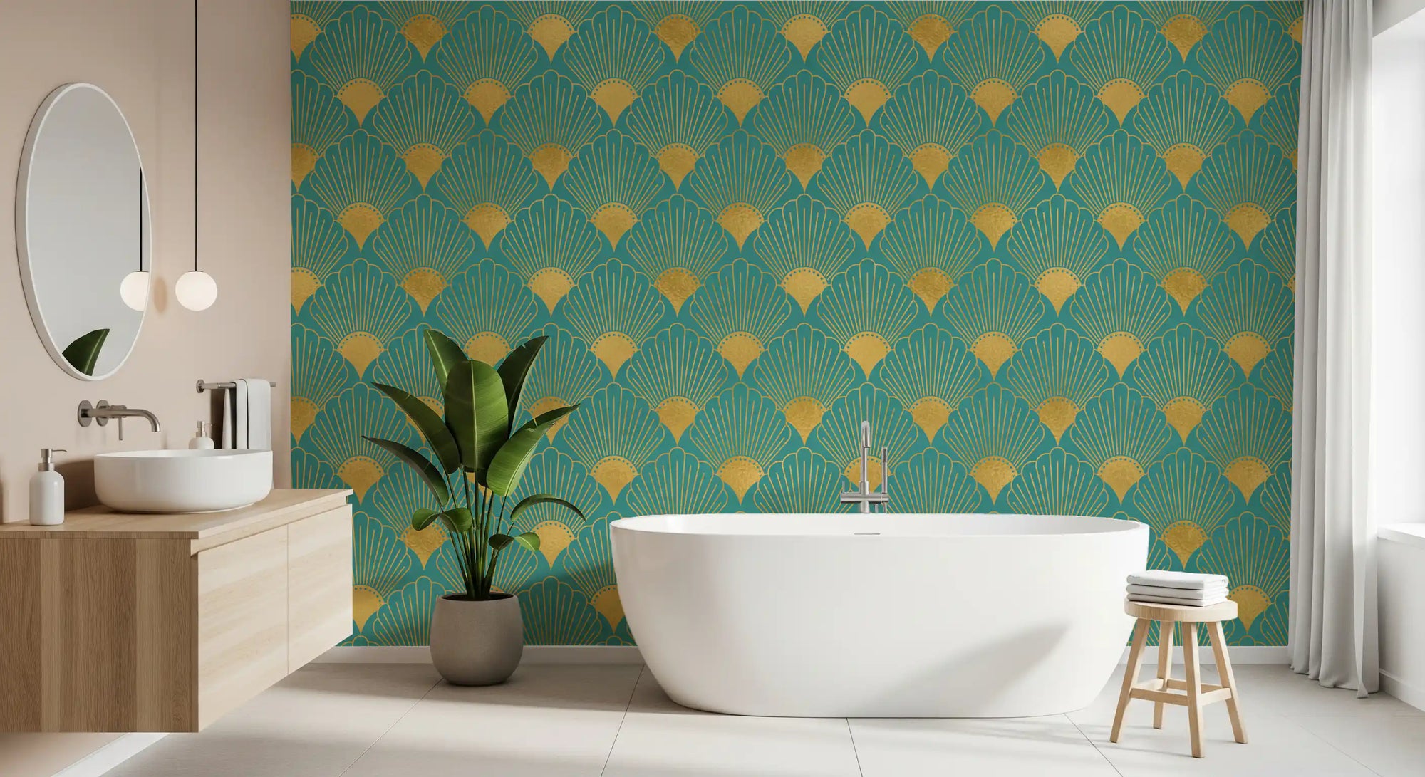 Glamorous Fan Wallpaper repeating Art Deco style with rich teal and gold tones