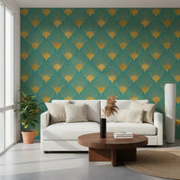 Glamorous Teal and Gold Fan Wall Décor Wallpaper⁠