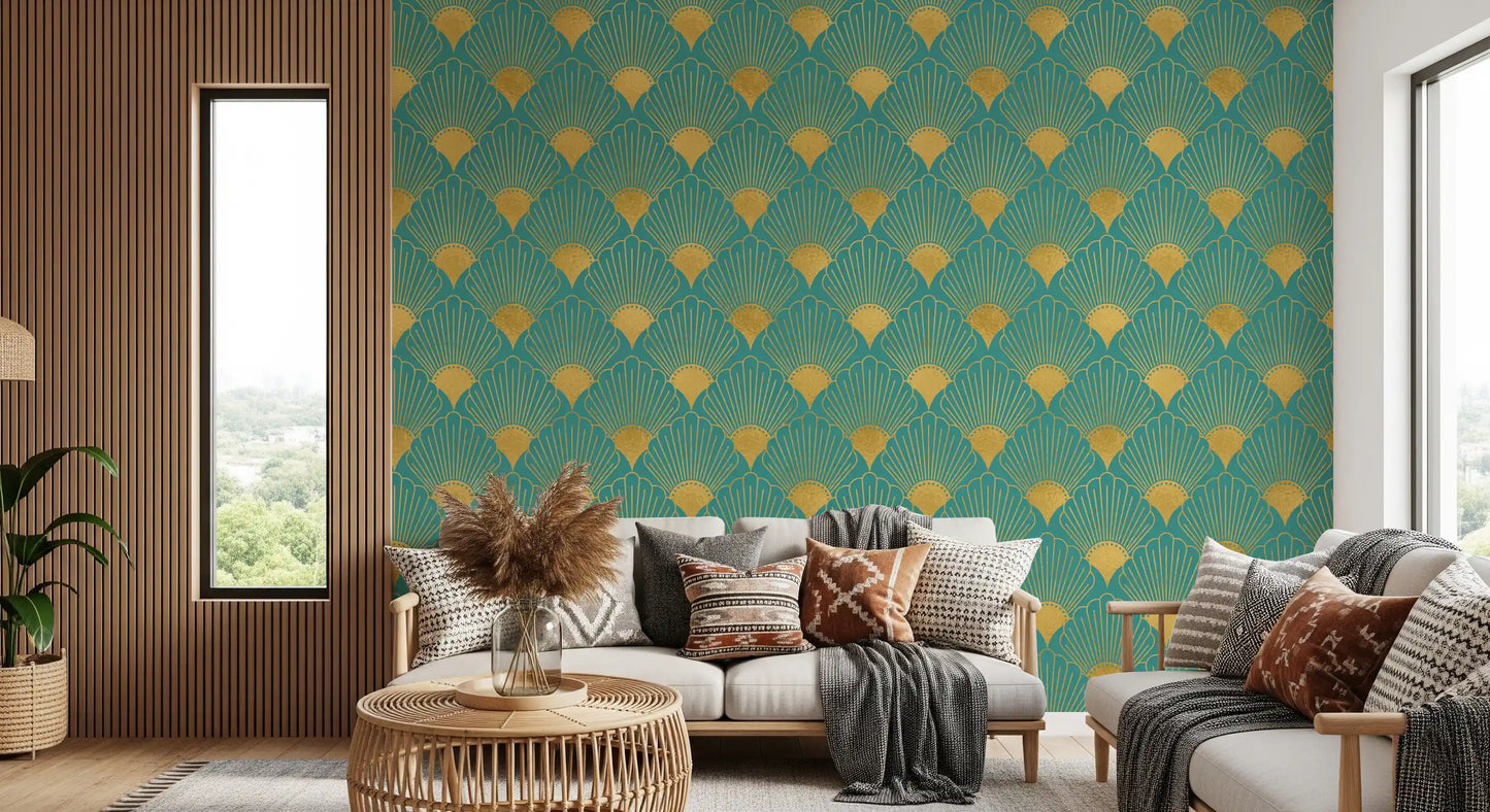 Glamorous Teal and Gold Fan Wall Décor Wallpaper⁠