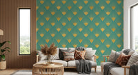 Glamorous Teal and Gold Fan Wall Décor Wallpaper⁠