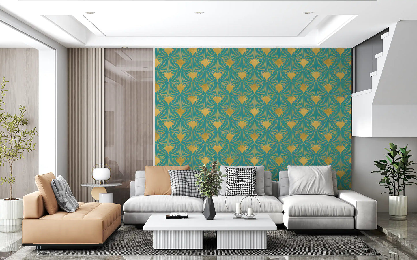 Glamorous Teal and Gold Fan Wall Décor Wallpaper⁠