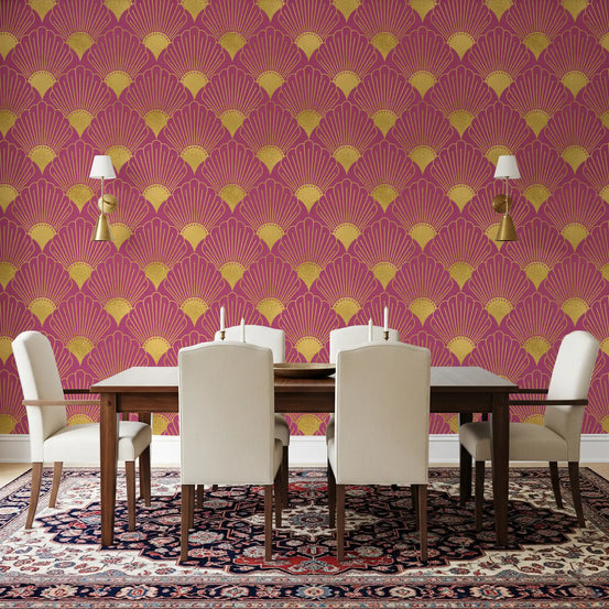 Dining room Pink Gatsby Art Deco wallpaper with gold fan-shaped luxury geometric pattern
