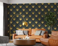 Opulent Deco Shell Navy & Gold Wallpaper Wallpaper⁠