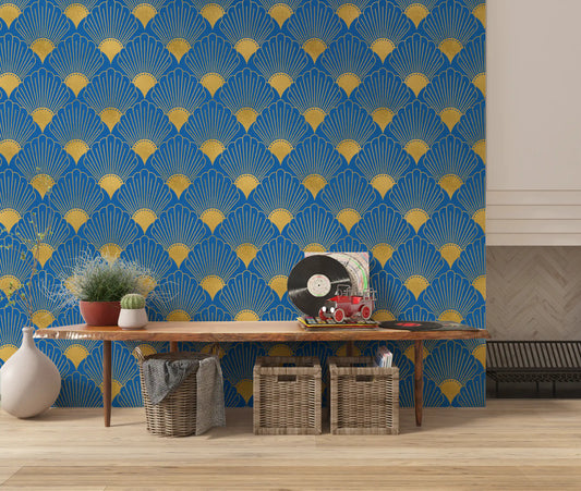 Art Deco Golden Fans Royal Blue Wallpaper Wallpaper⁠