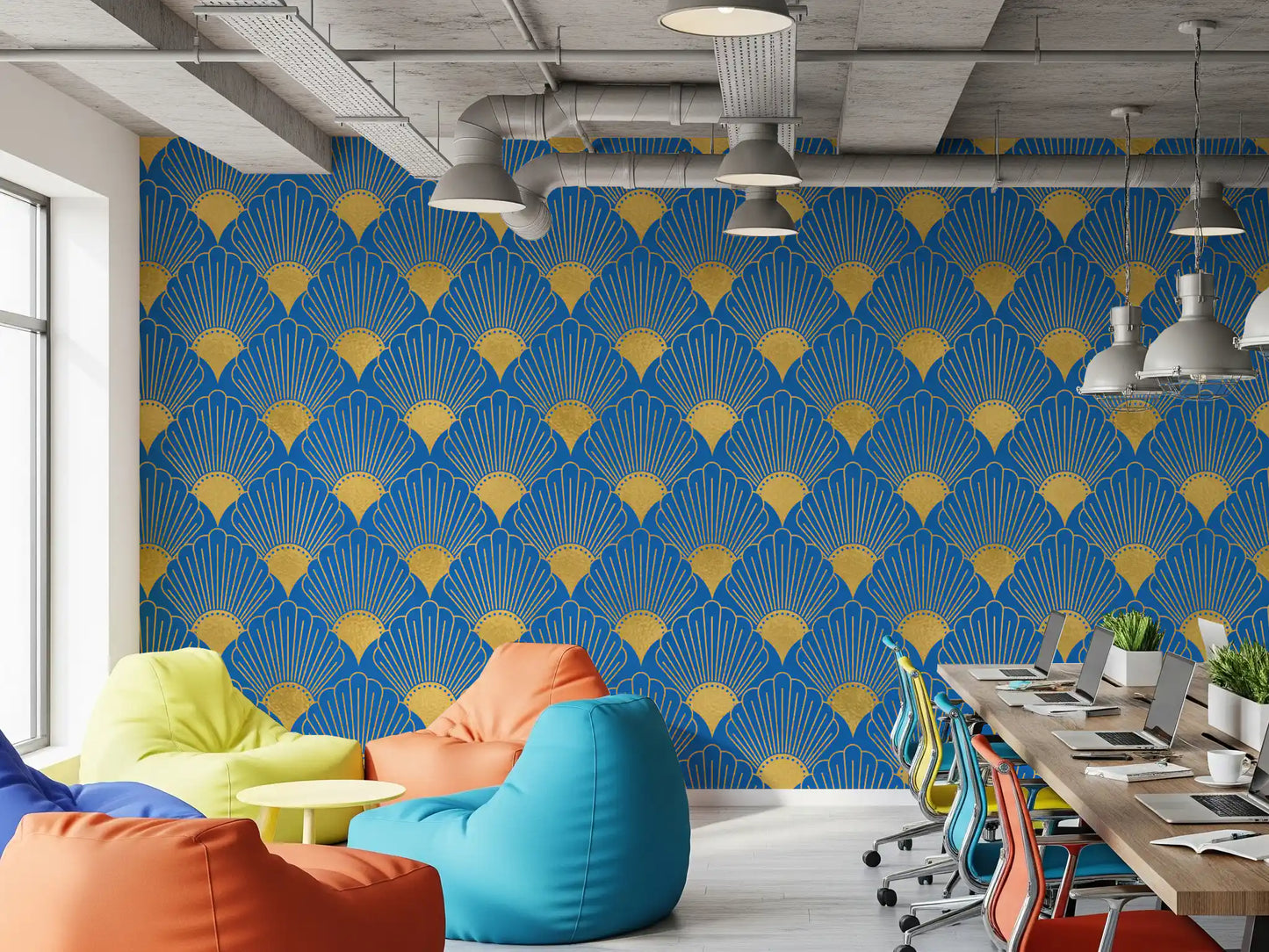 Art Deco Golden Fans Royal Blue Wallpaper Wallpaper⁠