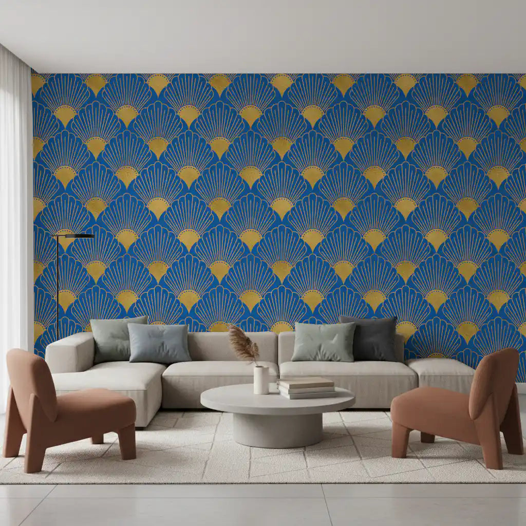 Art Deco Golden Fans Royal Blue Wallpaper Wallpaper⁠