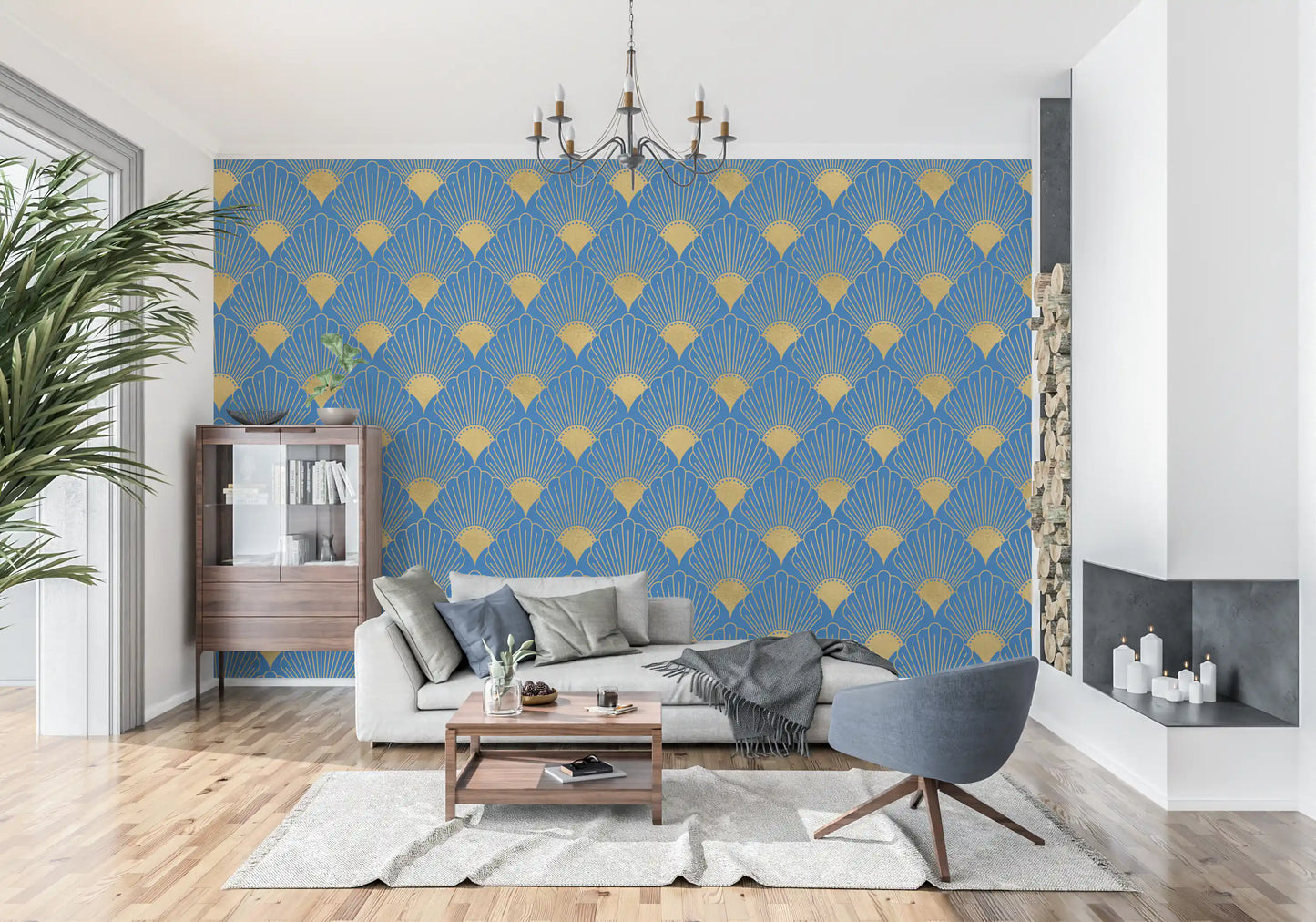 Art Deco Golden Fans Royal Blue Wallpaper Wallpaper⁠