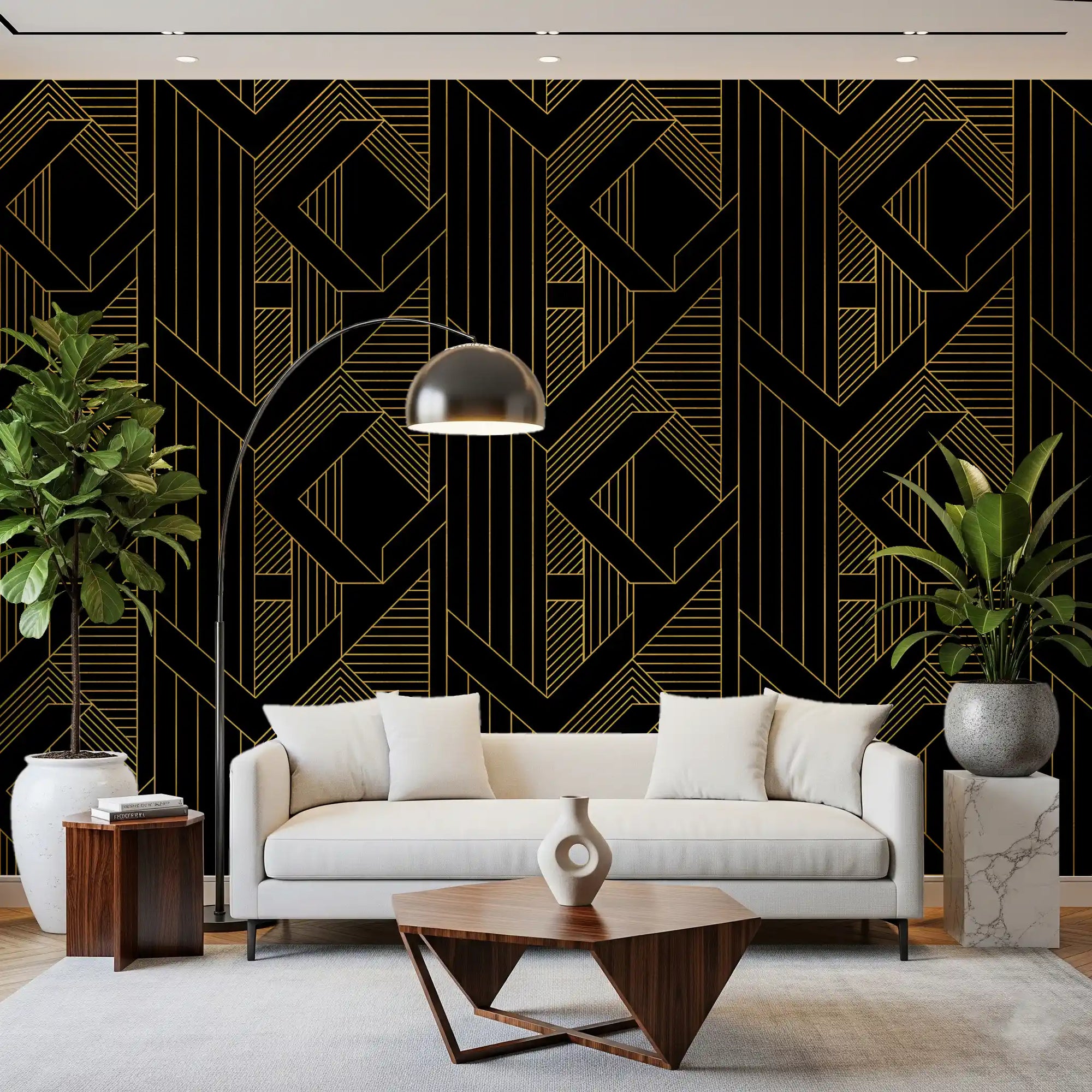Gilded Gatsby geometric wallpaper warms a living room with gold linework on black.