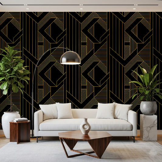 Gilded Gatsby geometric wallpaper warms a living room with gold linework on black.