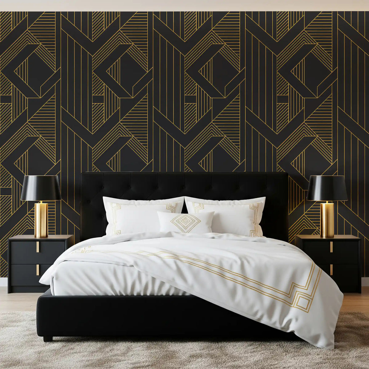 Gilt diamond motifs frame a bedroom in the Golden Era Art Deco Geometric wallpaper.