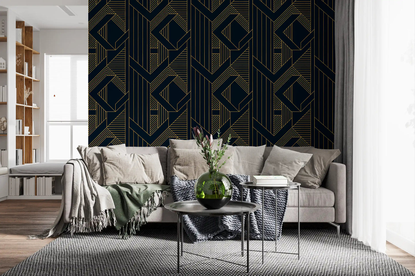 Luxurious Navy and Gold Art Deco Geometric Wallpaper