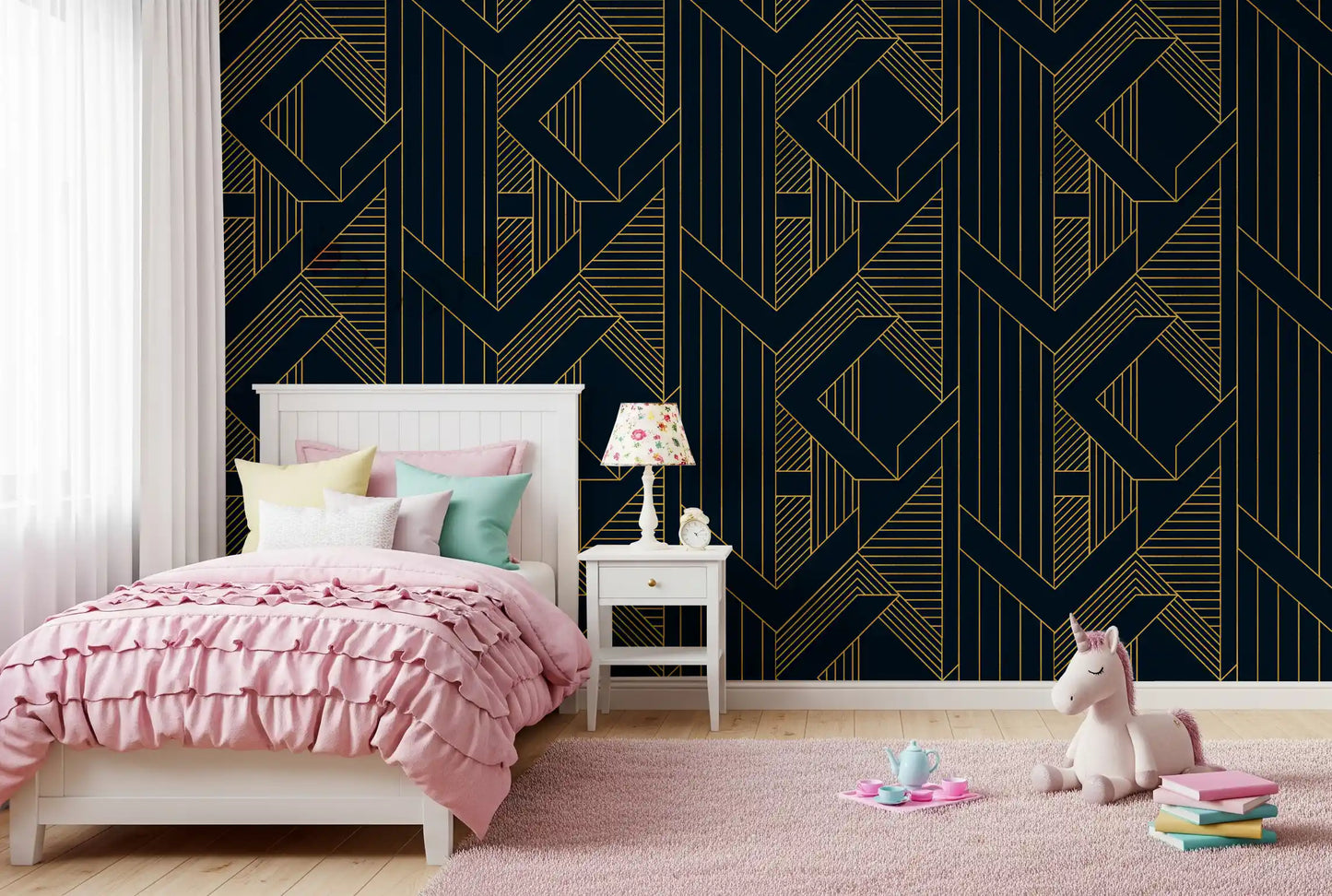 Luxurious Navy and Gold Art Deco Geometric Wallpaper