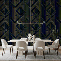 Luxurious Navy and Gold Art Deco Geometric Wallpaper