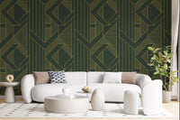 Art Deco Olive Green & Gold Geometric Wallpaper