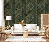 Art Deco Olive Green & Gold Geometric Wallpaper