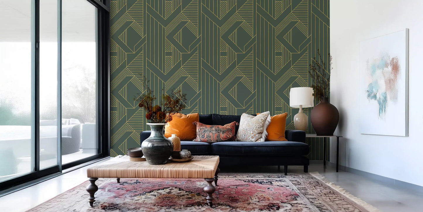 Art Deco Olive Green & Gold Geometric Wallpaper