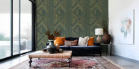 Art Deco Olive Green & Gold Geometric Wallpaper