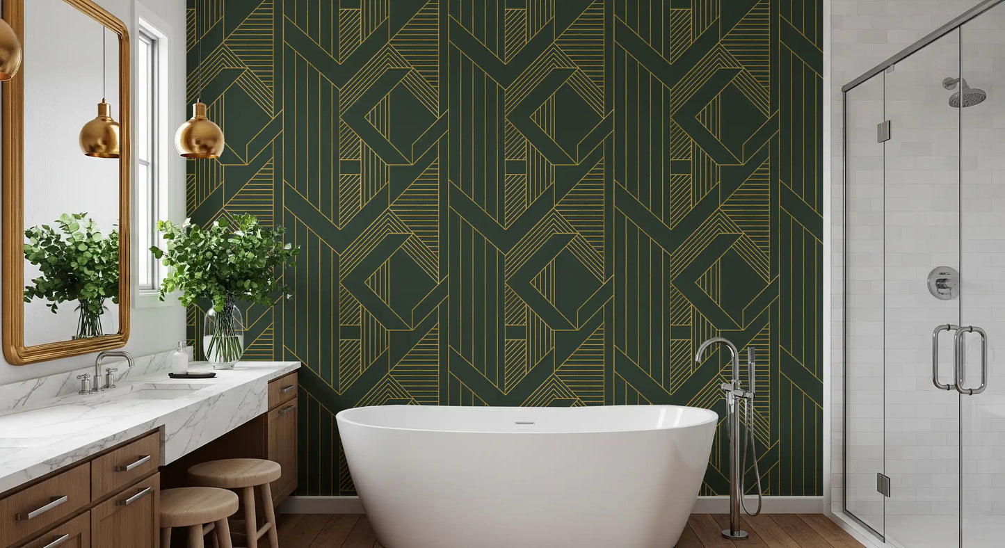 Art Deco Olive Green & Gold Geometric Wallpaper