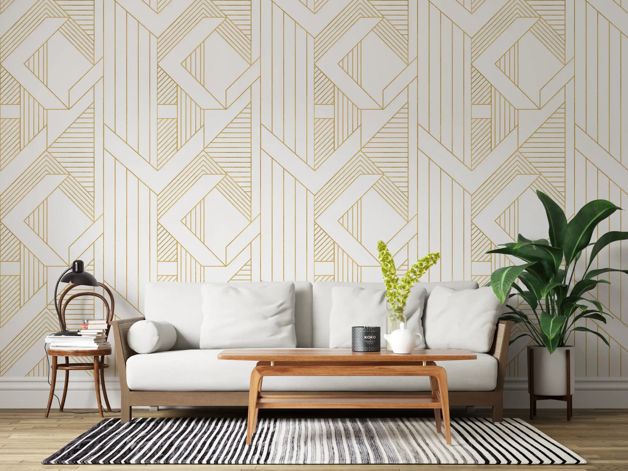 Deco Lines Gold and White Wallpaper running floor to ceiling in a living room.