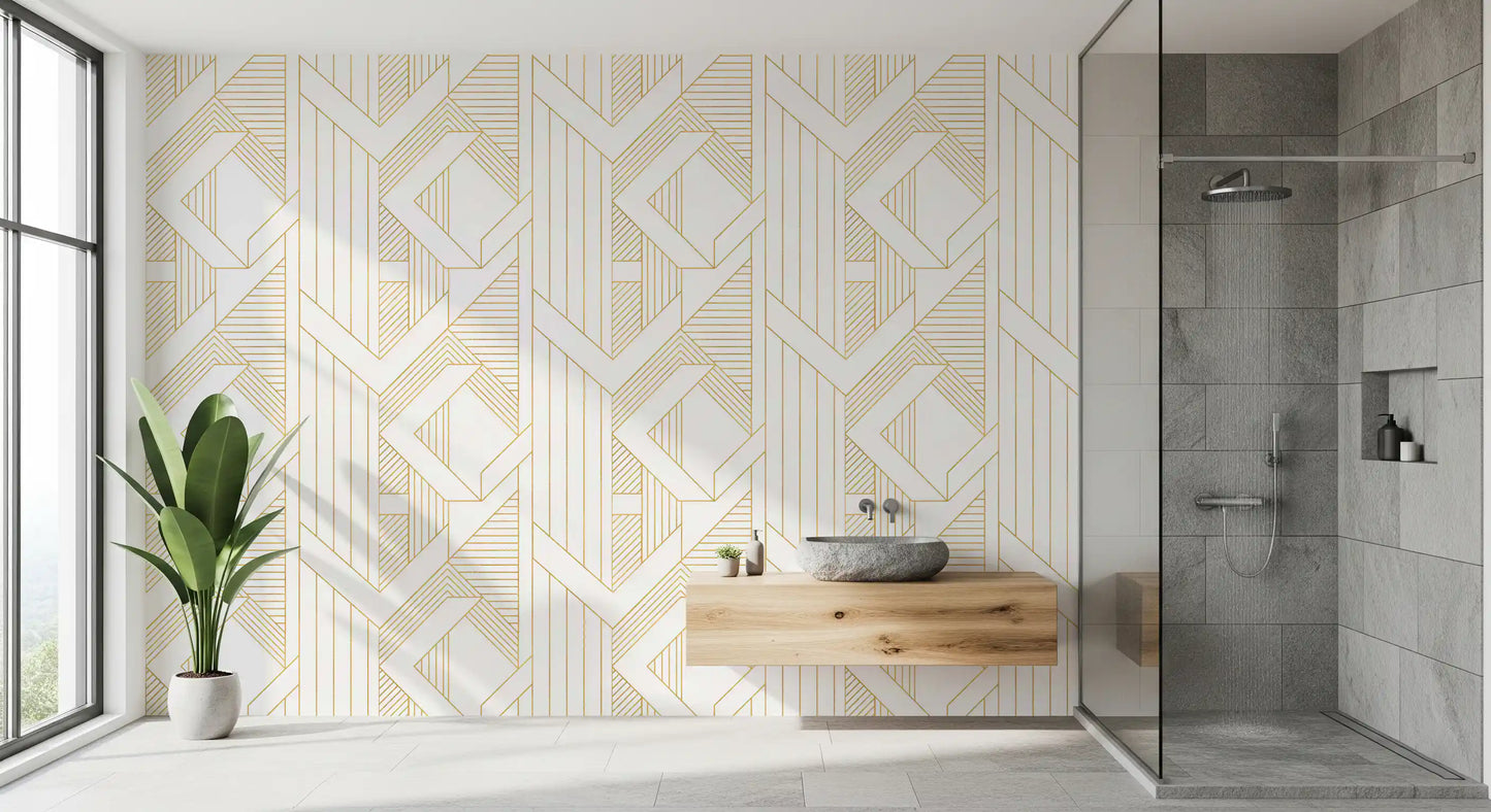 Deco Lines Gold and White Geometric Wall Art Wallpaper⁠