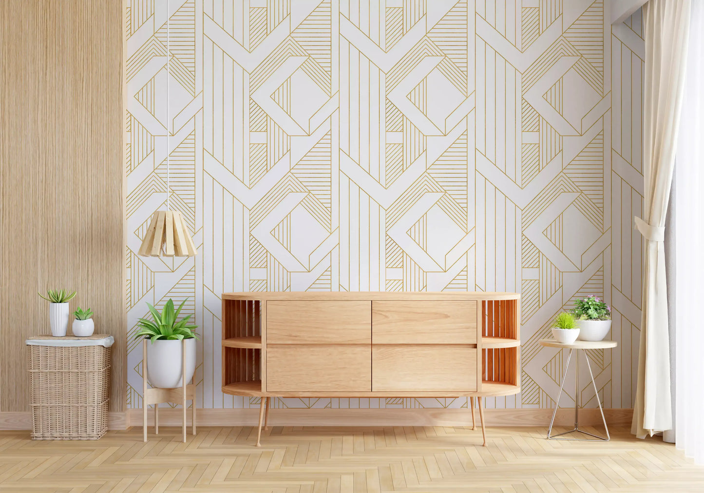 Deco Lines Gold and White Geometric Wall Art Wallpaper⁠