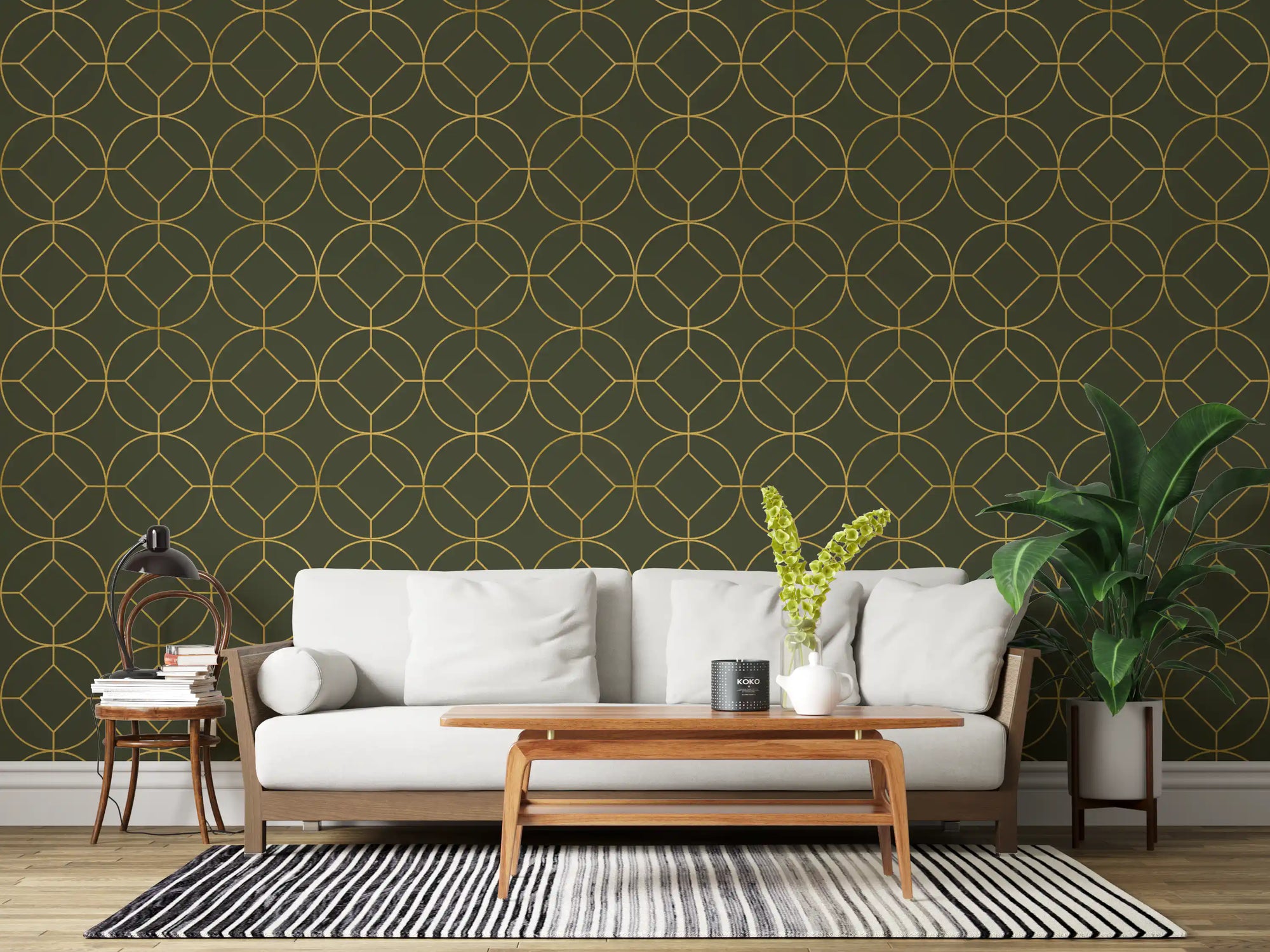 Elegant Olive and Gold Art Deco Geometric Wallpaper lifts a modern living room.