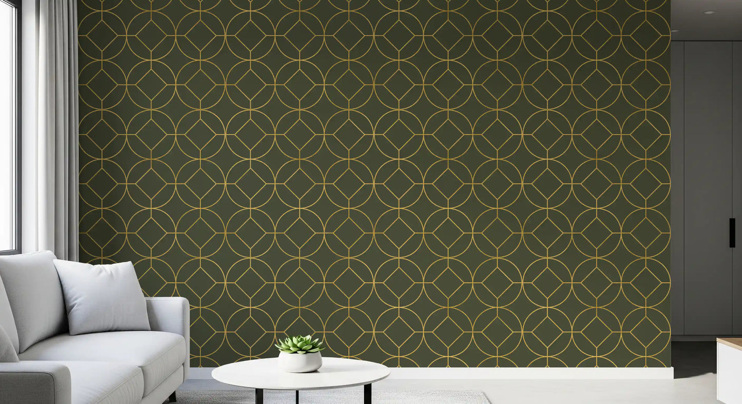 Elegant Olive and Gold Art Deco Geometric Wallpaper