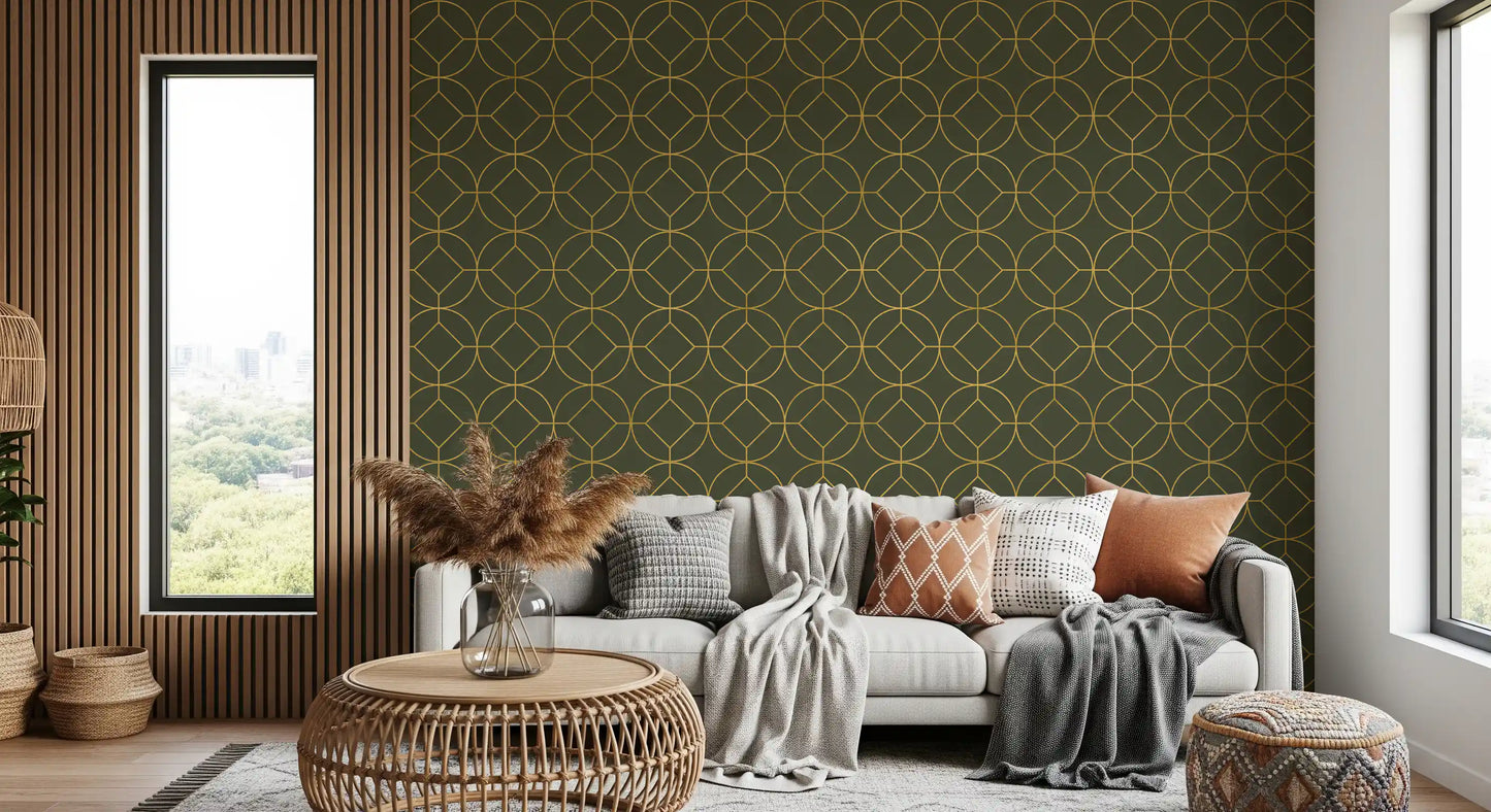 Elegant Olive and Gold Art Deco Geometric Wallpaper