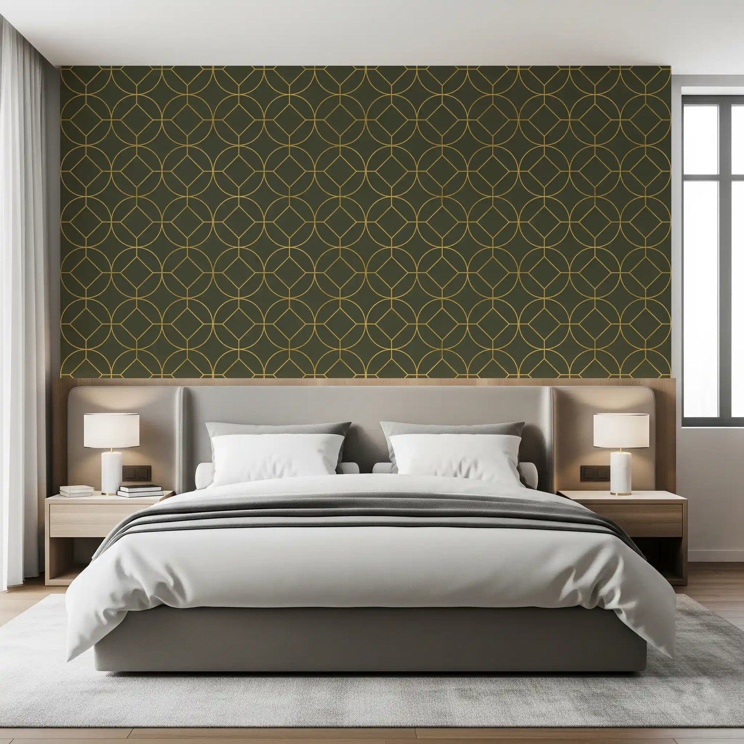 Elegant Olive and Gold Art Deco Geometric Wallpaper