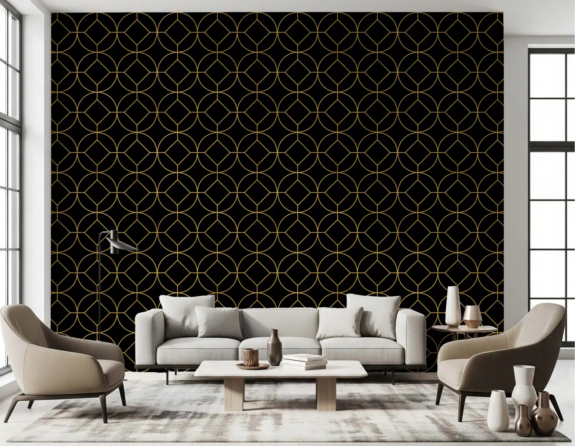 Golden Gatsby Geometric Wallpaper warms a calm living room scheme.