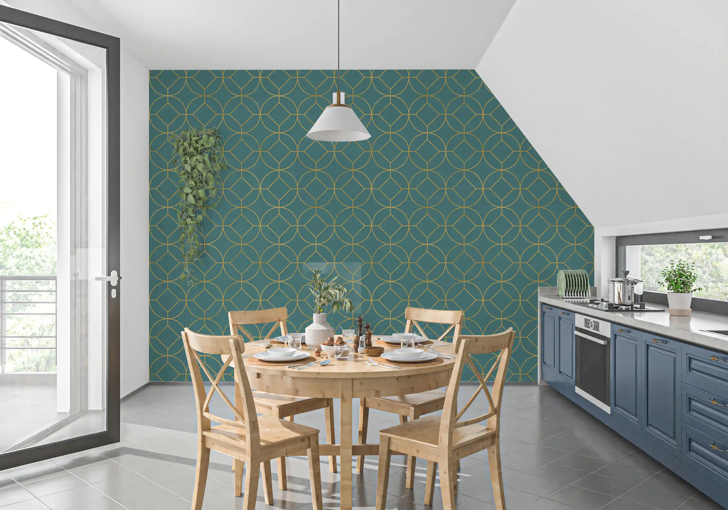 Teal and Gold Art Deco Geometric Wallpaper