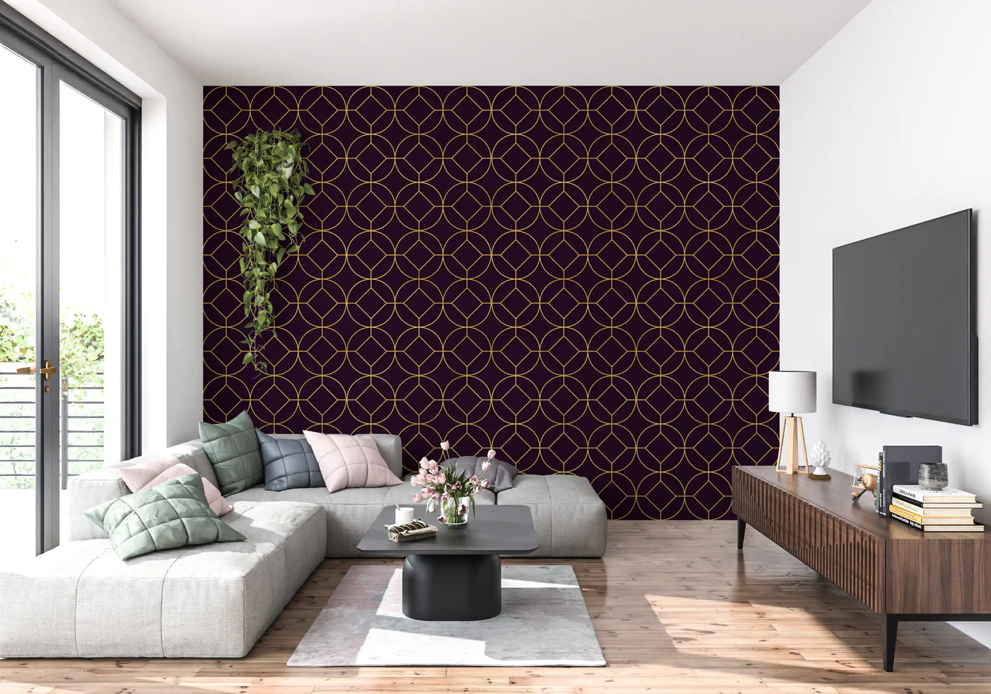 Bold plum wall with Art Deco Gold and Plum Geometric Wallpaper angular design for a living room.