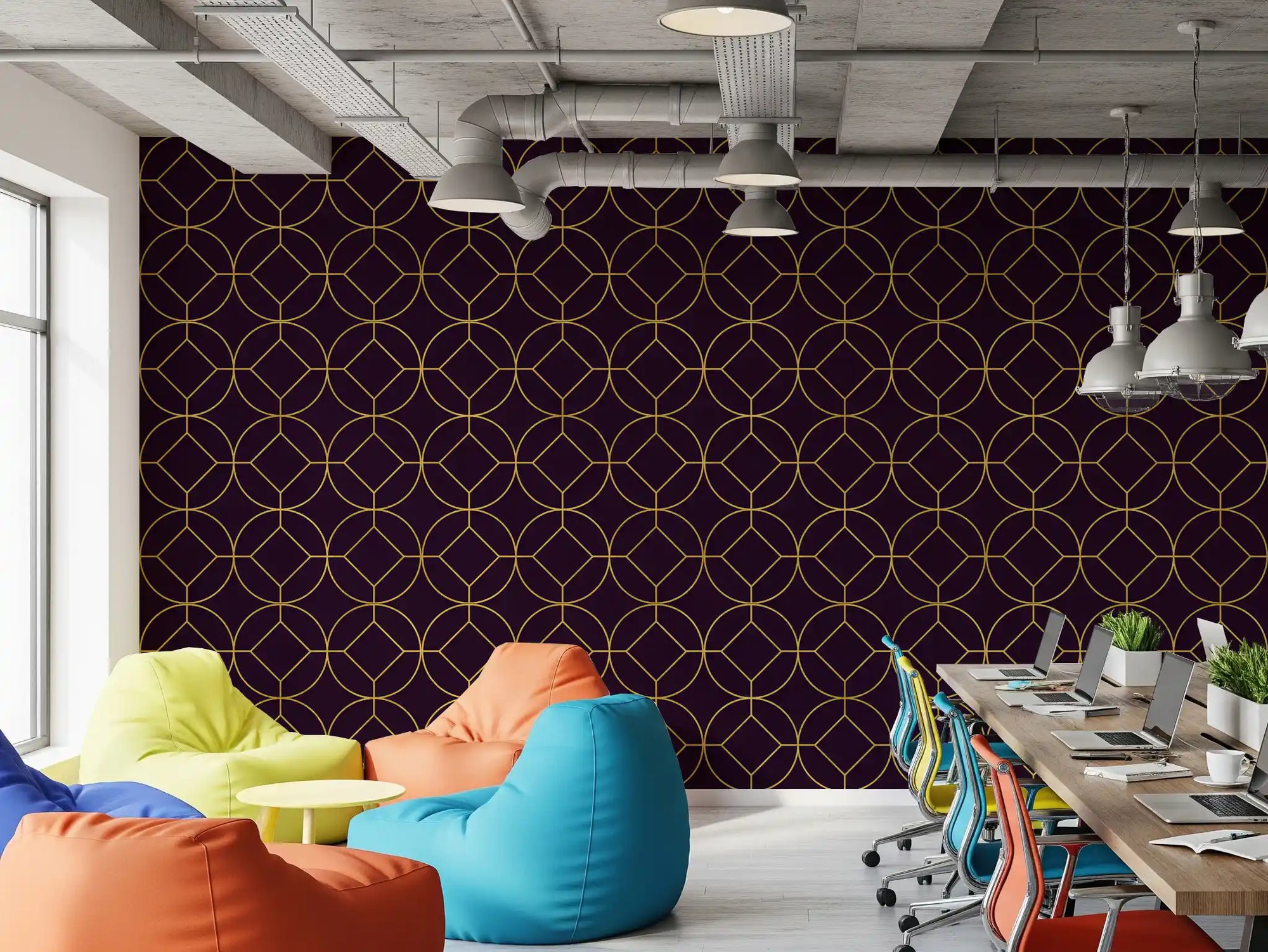Office  layout of Art Deco Gold and Plum Geometric Wallpaper concept