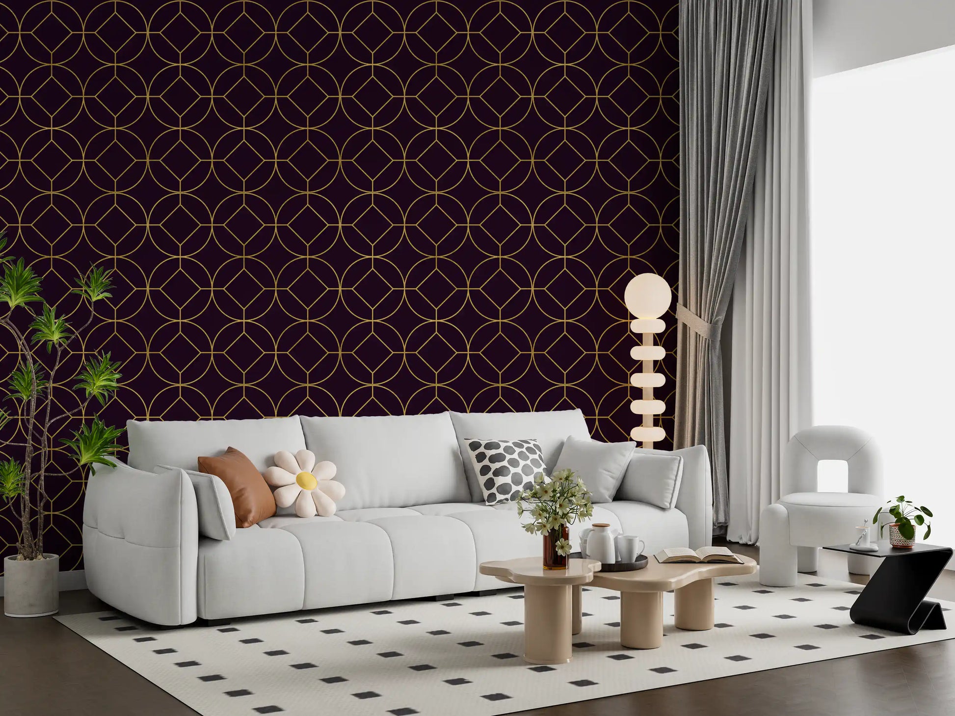 Modern decorative wall with Art Deco Gold and Plum Geometric Wallpaper structure