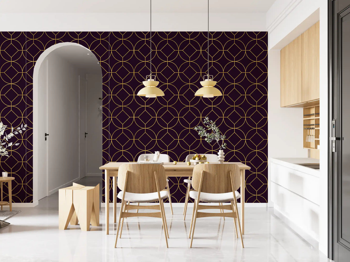 Deep purple interior using Art Deco Gold and Plum Geometric Wallpaper gold lines